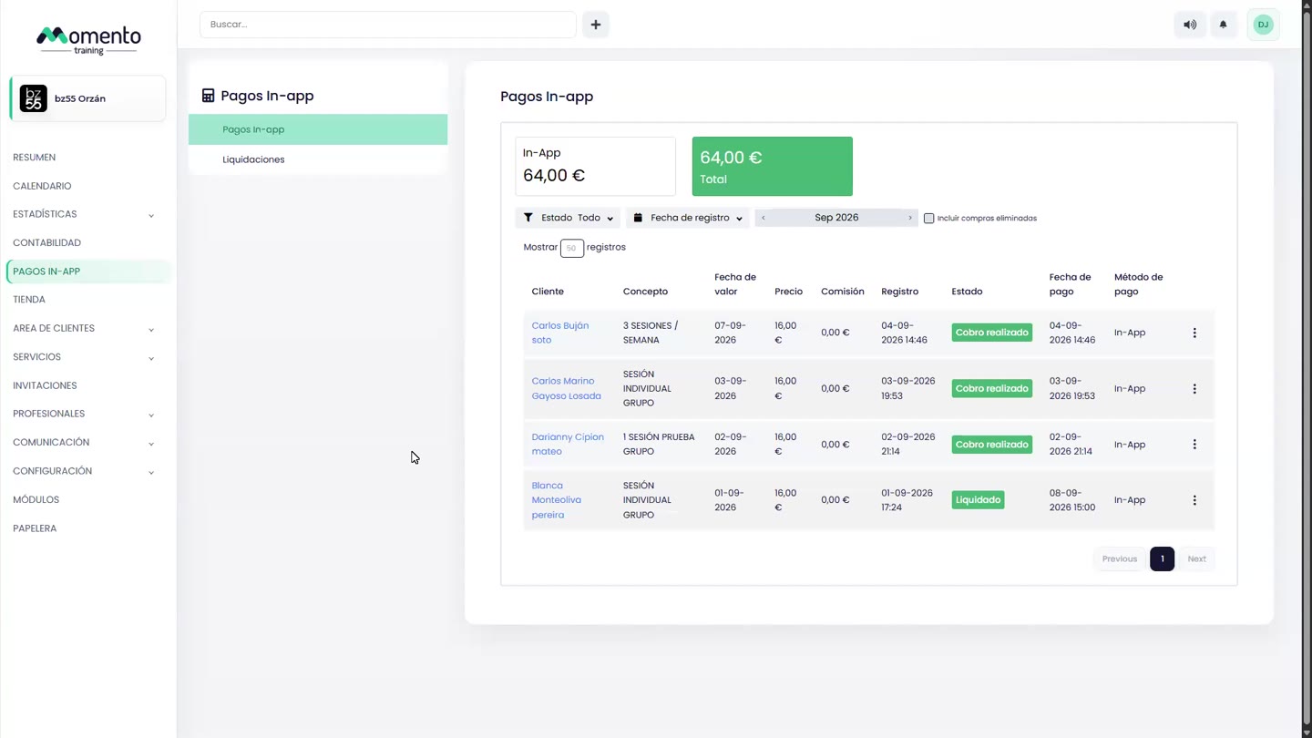In-app payments and payouts table